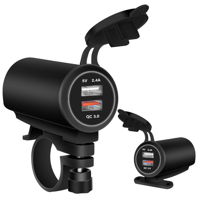 Motorcycle USB Charger 12-24V Dual Port USB Charger with USB and QC 3.0 Port Fast Charging USB Socket Power Outlet Waterproof Fast Charger Kit for Phone Tablet GPS Camera Blue Light