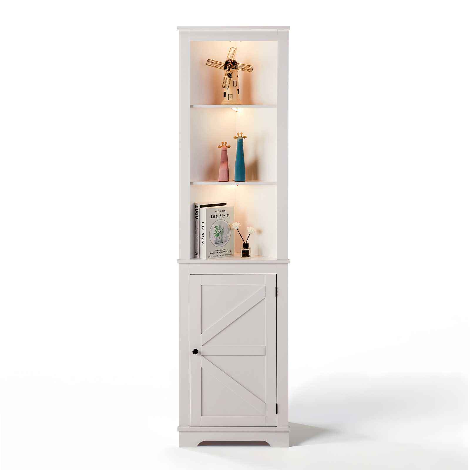 L-Shaped Display Cabinet 3-Layer With Single Door Double Z Shape Led Light Strip Front Curved Base Feet Triammine Board, 46*30*180cm
