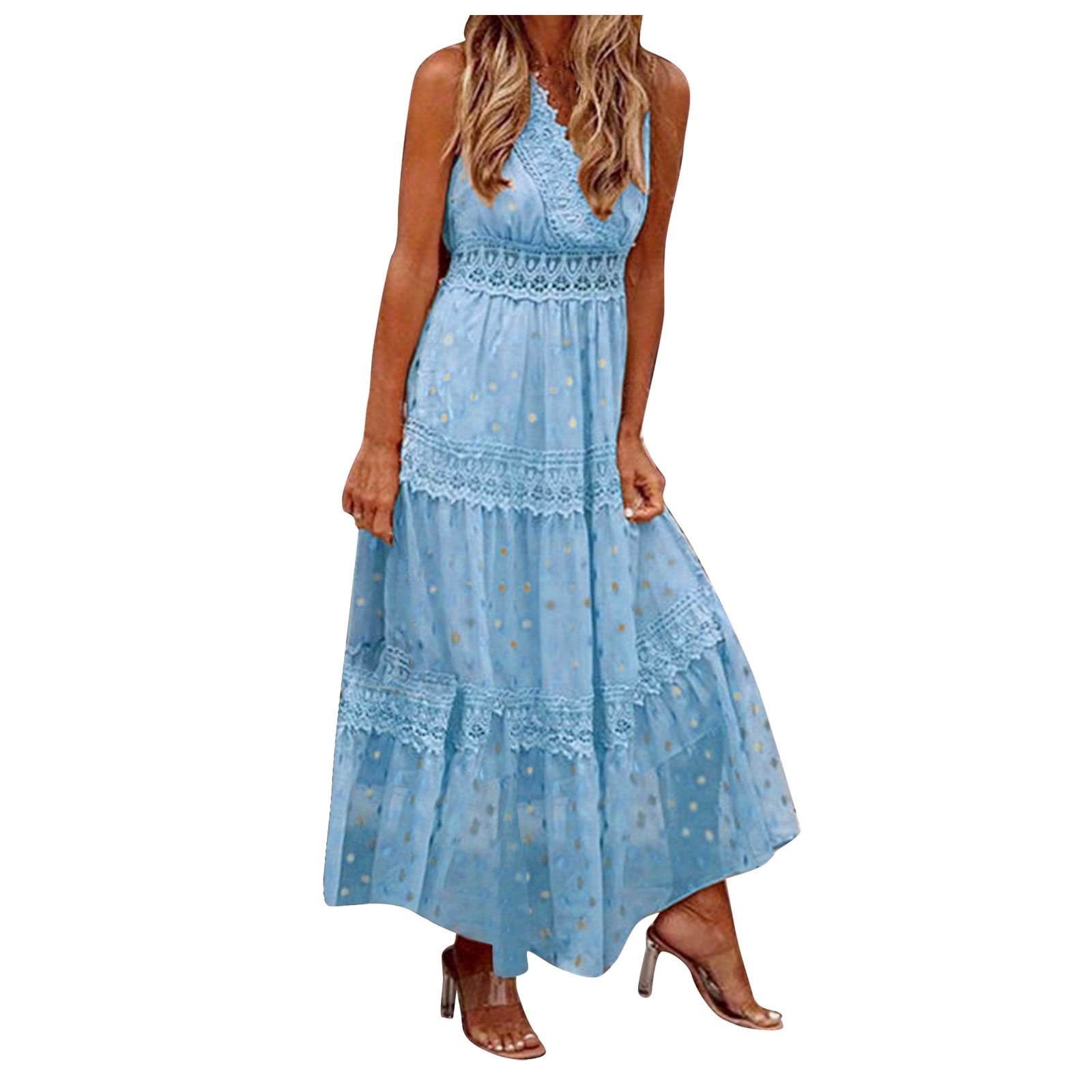 Ierhent Casual Dress Women Sleeveless Casual Pure Color Summer Swing Long Dresses Daily Party Beach Round Neck Summer Sundress(Blue,S)