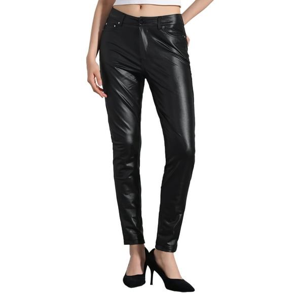 Pantalones de cuero sintético CURVY GLAM para mujer, de cintura alta, ajustados y elásticos, estilo motociclista, talla XL, color negro