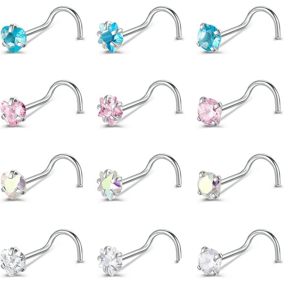 20g Surgical Stainless Steel Nose Stud Ring Piercing Set - 9-12PCS Bone/L Shaped/Screws Rings (12pcs Screws Style)