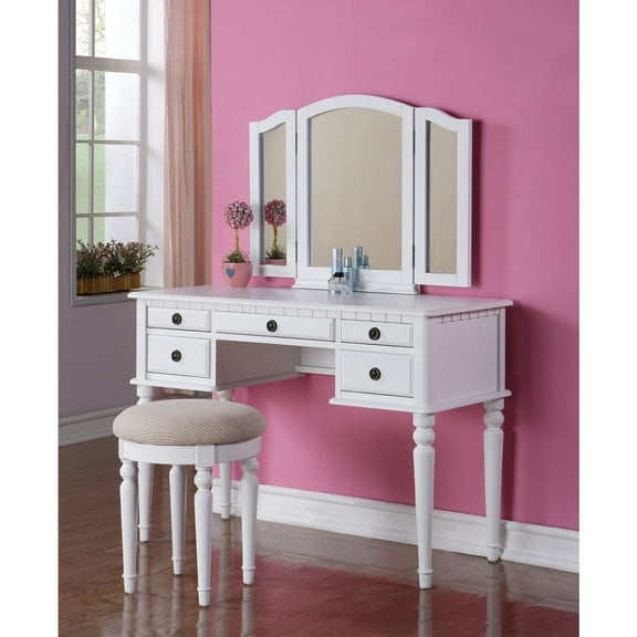 French Flair Vanity Set with Mirror & Stool - Elegant Wood Makeup Table