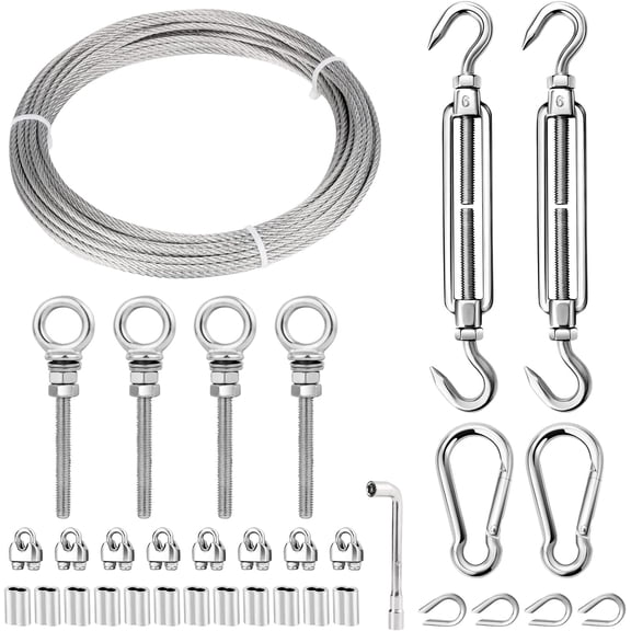 Sun Shade Sail Hardware Kit 6 inch for Triangle Rectangle Sun Shade Sail Installation, 304 Stainless Steel Sun Shades Outdoor Hardware Kit with 32 ft 1/8" Cable Wire Ropes B
