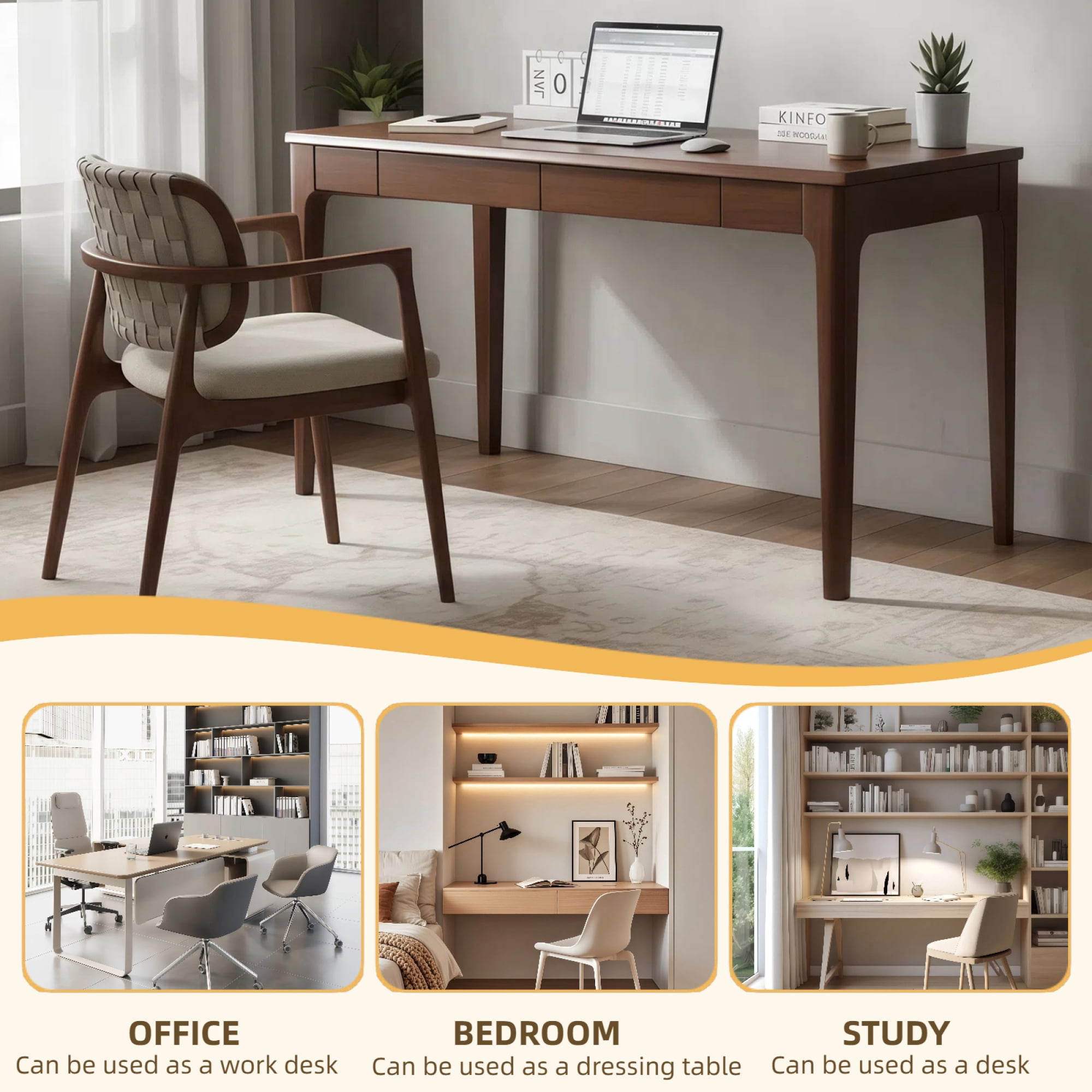 Modern Wood Computer Desk with 2 Drawers.Mid Century Home Office Desk Study Desk PC Table Standing Desk for Study,Bedroom,Living Room,Office,Walnut