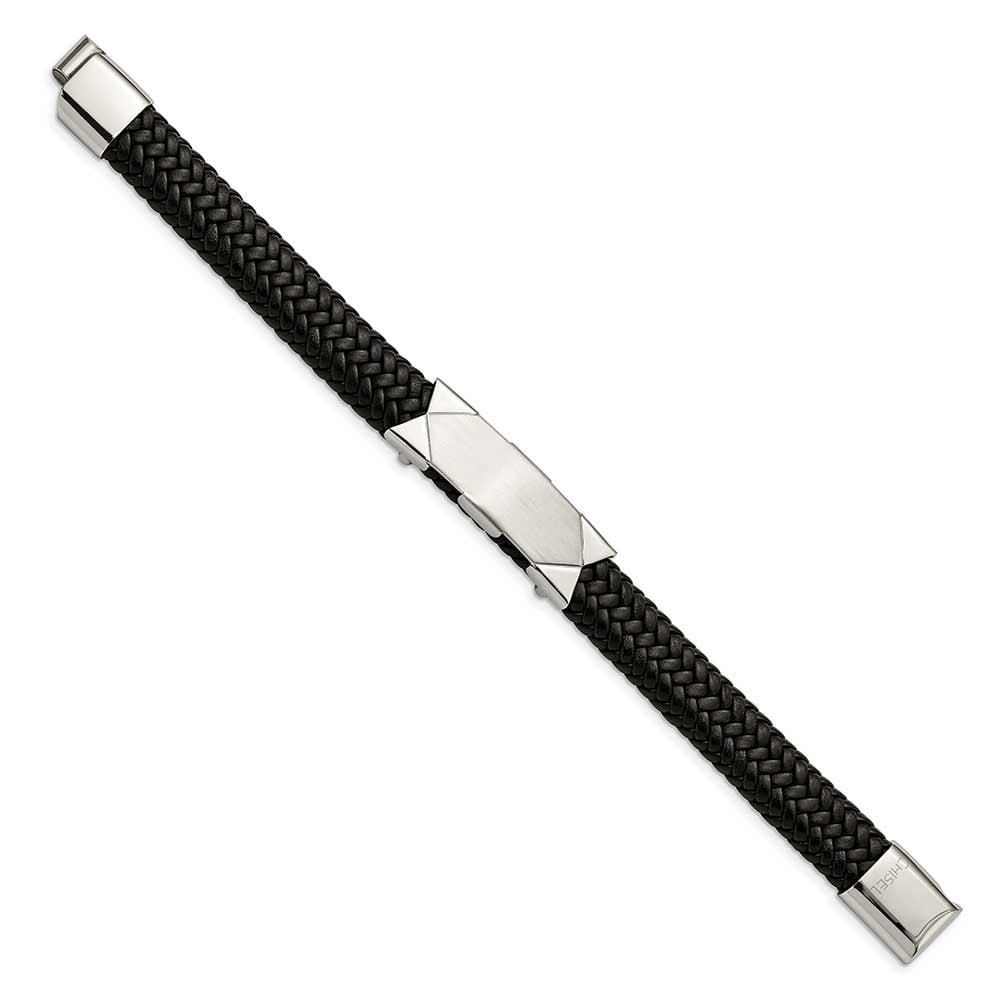 Primal Steel Stainless Steel Brushed and Black Leather 8.5in ID Bracelet