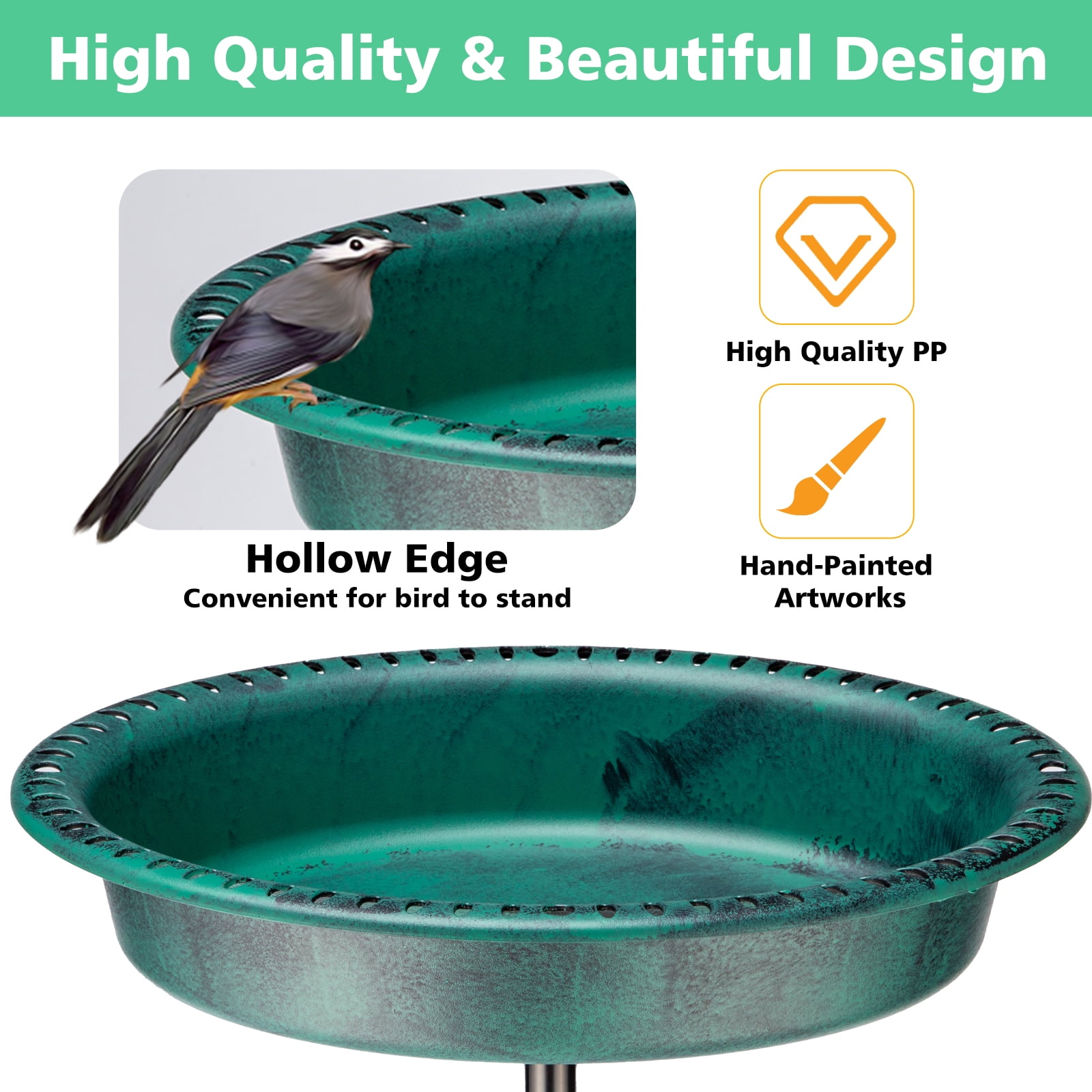 OBENSKY Oval Polyresin Bird Bath Bowl with Metal Stake, 34 Inch Height Outdoor Freestanding Birdfeeder - Green