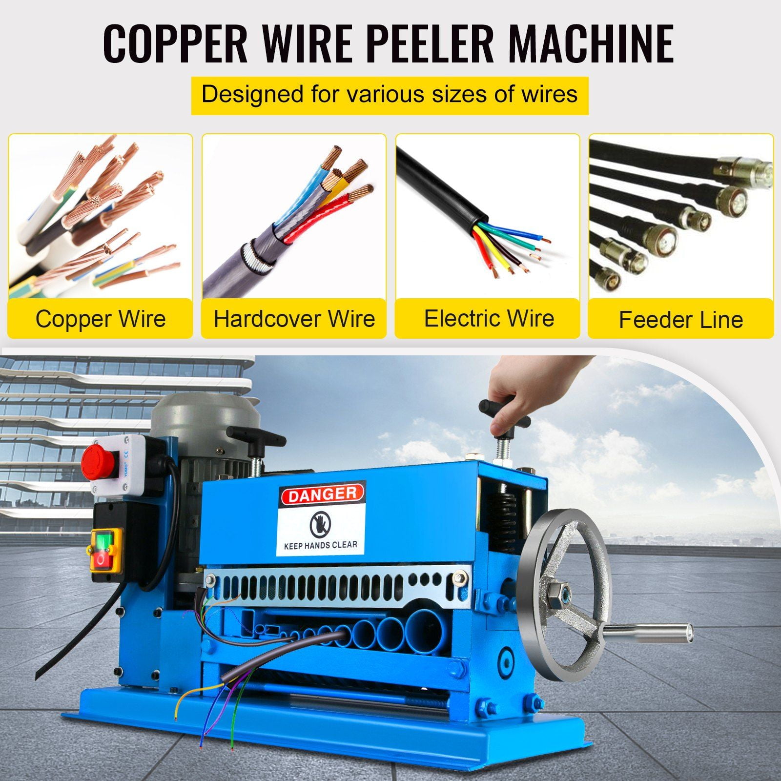 Automatic Wire Stripper Machine with Manual Hand Crank - 11 Channels 10 Blades, Strips 0.06-1.5 Inch Copper Wires for Industrial Recycling