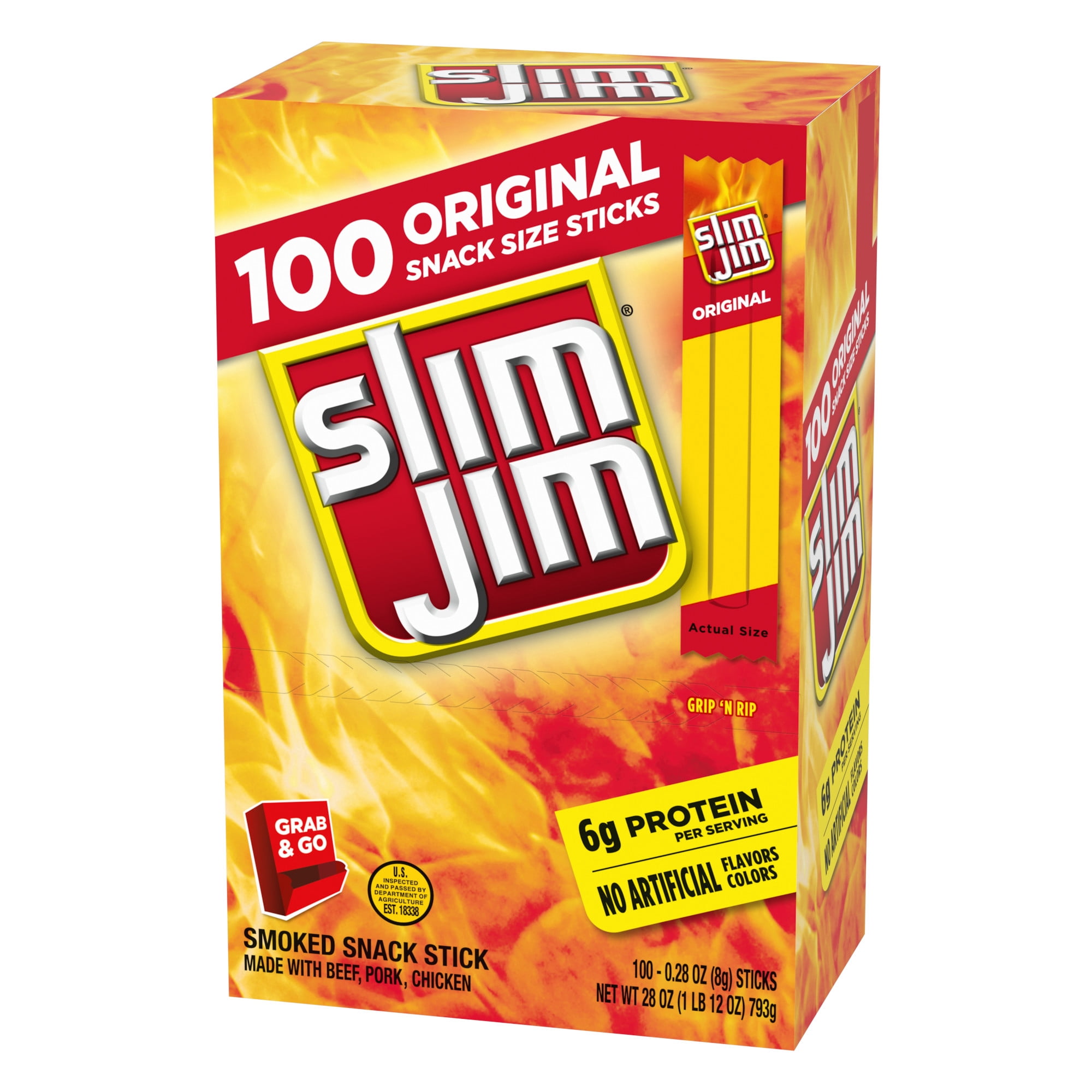 Slim Jim Smoked Meat Sticks, Original Flavor, 6g Protein Per Serving, 0.28 oz. (100-ct)