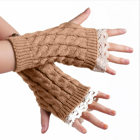 PMVFHDE Women's Winter Cute Lace Edge Knitted Fingerless Gloves, Fashion Thermal Half Finger Gloves for Cold Coffee,One Size