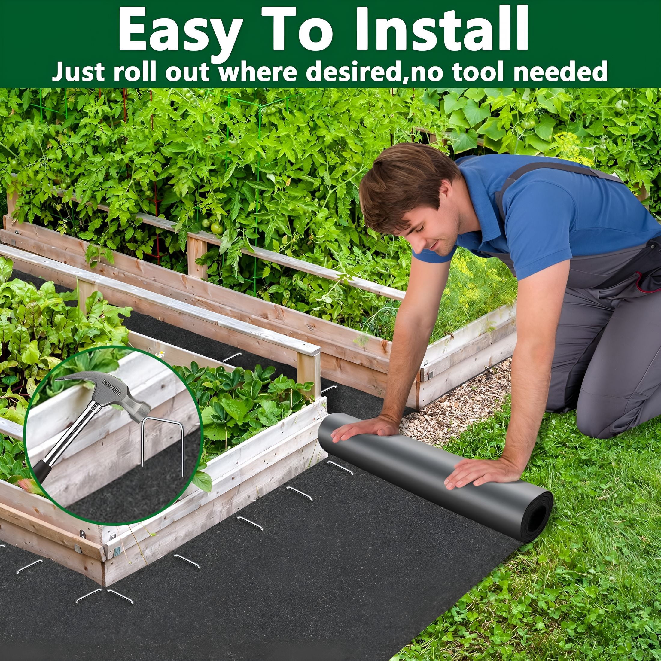 RLESO 10 X 2 Ft Recycled Felt Mulch Mat Roll for Landscaping,Permanent Fabric Mulch Walkway Pathway Mat,Reusable Garden Pathway Mulch Barrier with 10 Stakes for Plants,Vegetables
