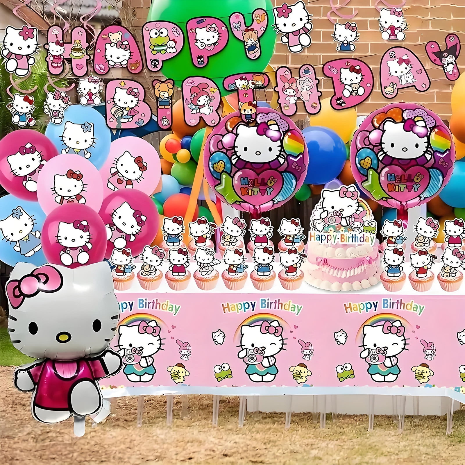 Kitty Party Supplies Set, Birthday Party Favors Include Banner, Balloons, Hanging Swirls, Cake Cupcake Toppers, Tablecloth, Stickers for Girls Kitty Theme Party