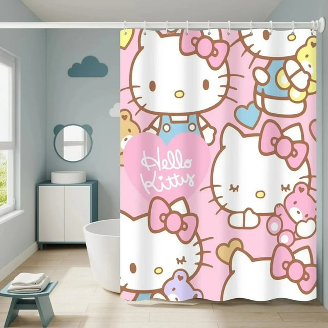 Sanrio Hello Kitty Rideaux de Douche Mignons Kawaii Dessin Animé Rideau de Salle de Bain Imperméable avec Crochets Décoration de Salle de Bain Anime LS