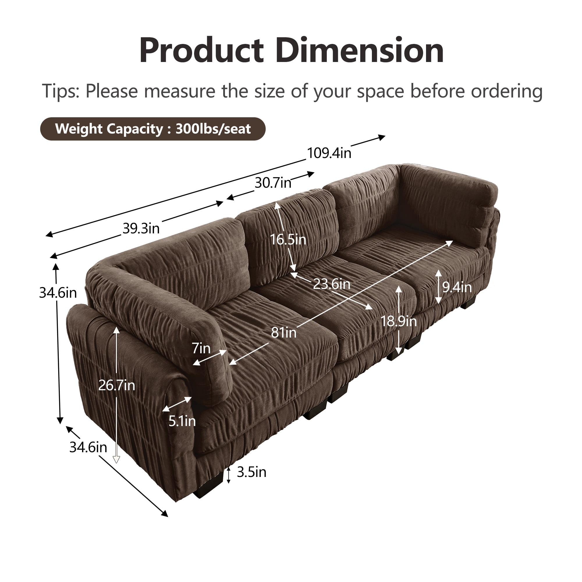 109" 3 Seat Ruched Chenille Modular Sectional Sofa with L Shape Thickened Back Cushions,Easy Assembly