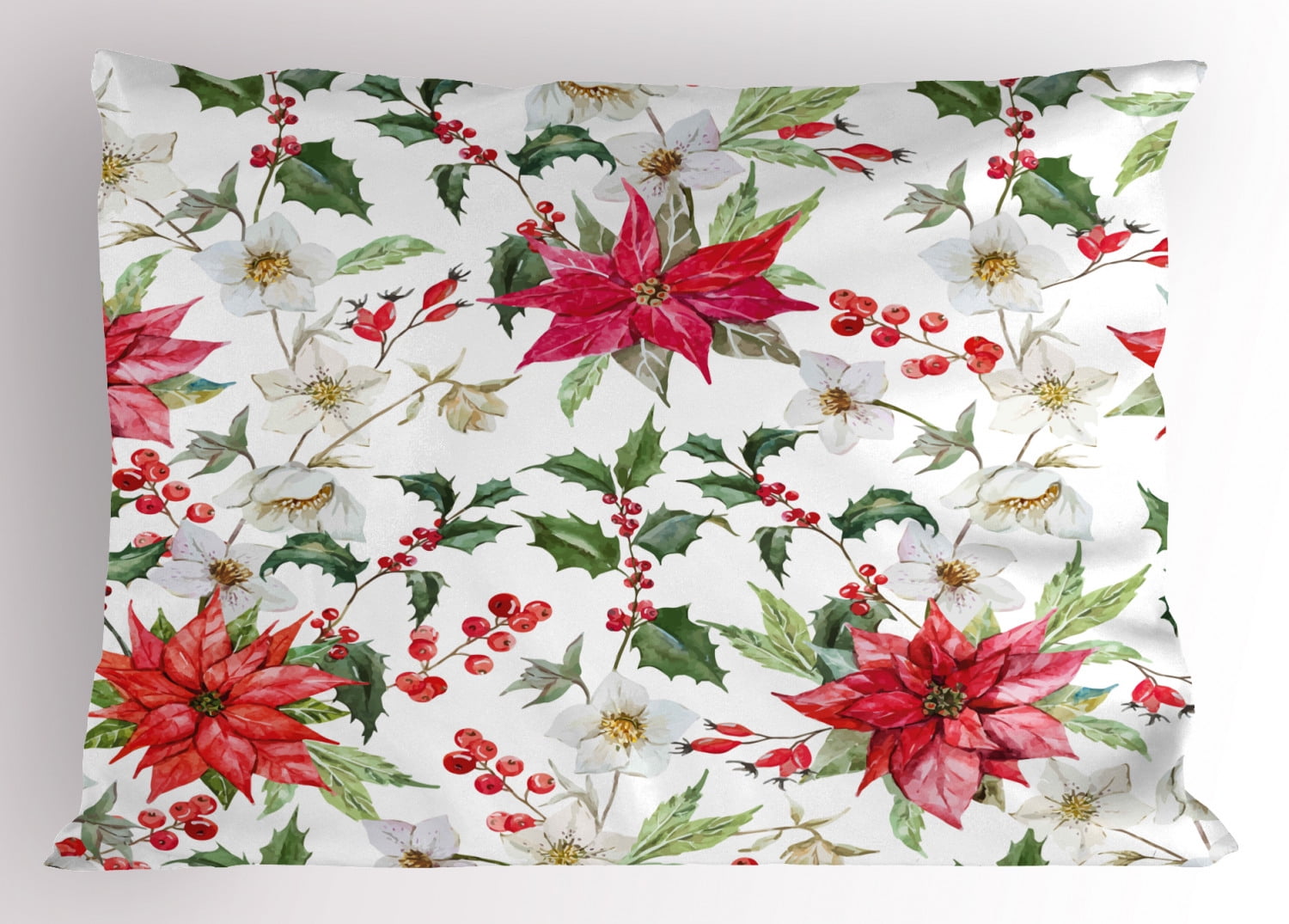 Floral Pillow Sham Christmas Flowers Pattern in Watercolors Buds