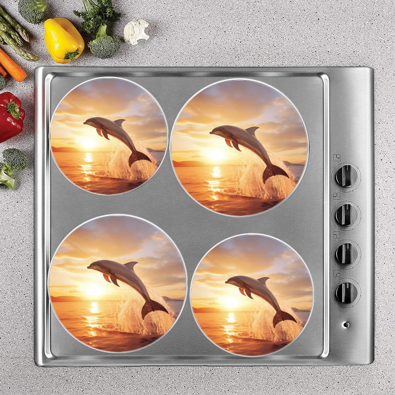 BaHomeck Electric Stove Burner Covers Set of 4,Round Metal Gas Stove Burner Covers 8 Inch and 10 Inch,Kitchen Decor,Dolphins Jumping Out Of The Water At Sunset