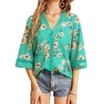 thumbnail image 1 of VISgogo Blusas informales para mujer, con estampado floral, manga 3/4, cuello en V, con retazos, blusas sueltas VISgogo  moda, 1 of 7