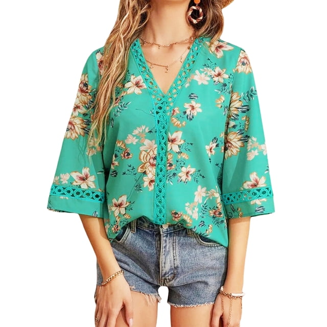 VISgogo Blusas informales para mujer, con estampado floral, manga 3/4, cuello en V, con retazos, blusas sueltas VISgogo moda