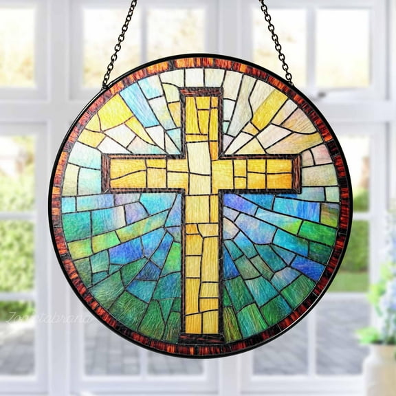 Cross Stained Glass Suncatcher, Christian Faith Window Hanging, Religious Ornament Gift for Home Decor