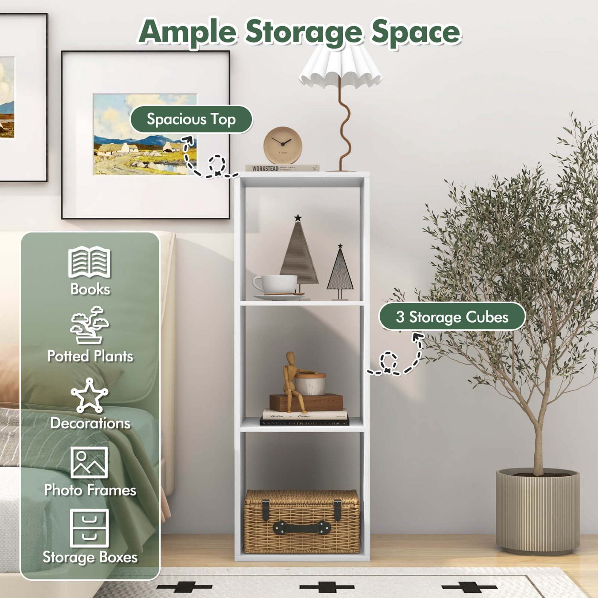 Costway 3-Cube Bookcase Open Back Bookshelf with Anti-tip Kit Modern Style Organizer