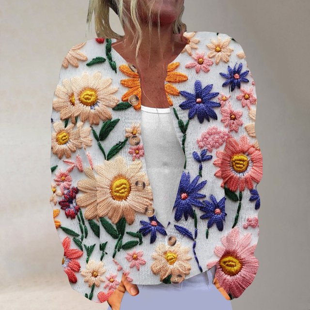Cárdigan holgado informal con estampado de manga larga y botones para mujer, chaqueta de punto, top de poliéster para mujer