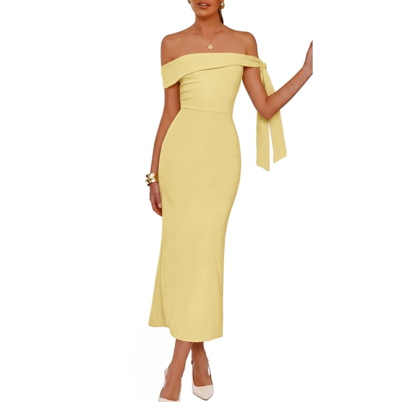 MEROKEETY Women's 2026 Summer Off The Shoulder Bodycon Maxi Dress, Yellow, XL