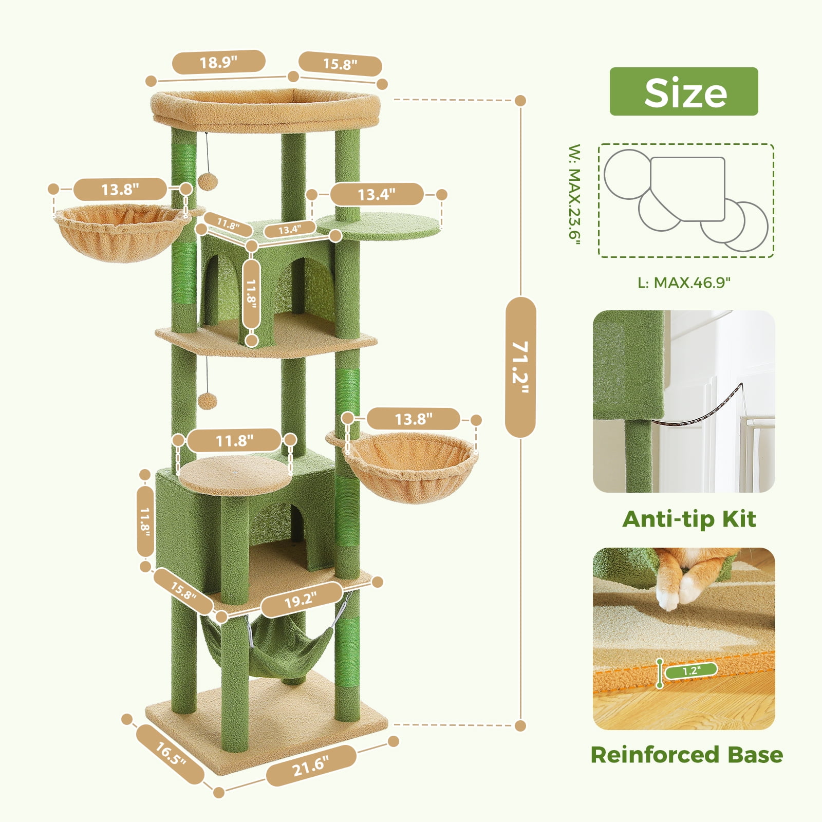 Pefilos 70" Tall Cat Tree Tower with Hammock, 5 Scratching Posts, 2 Condos and a Large Top Perches for Large Cats, Green