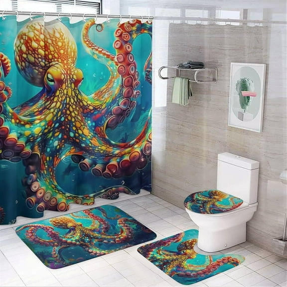 Ocean Octopus 4 Pcs Bathroom Shower Curtain Set,Bathroom Sets with Rugs (Bath Mat,U Shape and Toilet Lid Cover Mat), Bathroom Decor Set