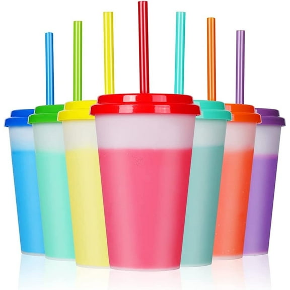 GIXUSIL 12oz Plastic Cups with Lids & Straws - 7 Pack Reusable Color Changing Cups Kids Adults Drinking Cup | Bulk Tumblers with Straw for Party Ice Coffee Smoothie Juice,Christmas Decorations