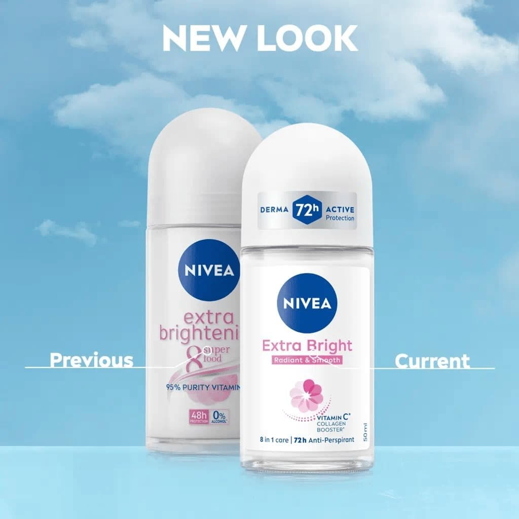 Nivea Extra Bright Roll On Deodorant with Vitamin C Collagen Booster - Alcohol-Free, 72HR Odor Protection, Smooth & Bright Skin, 50ml, 1.69oz, Pack of 12