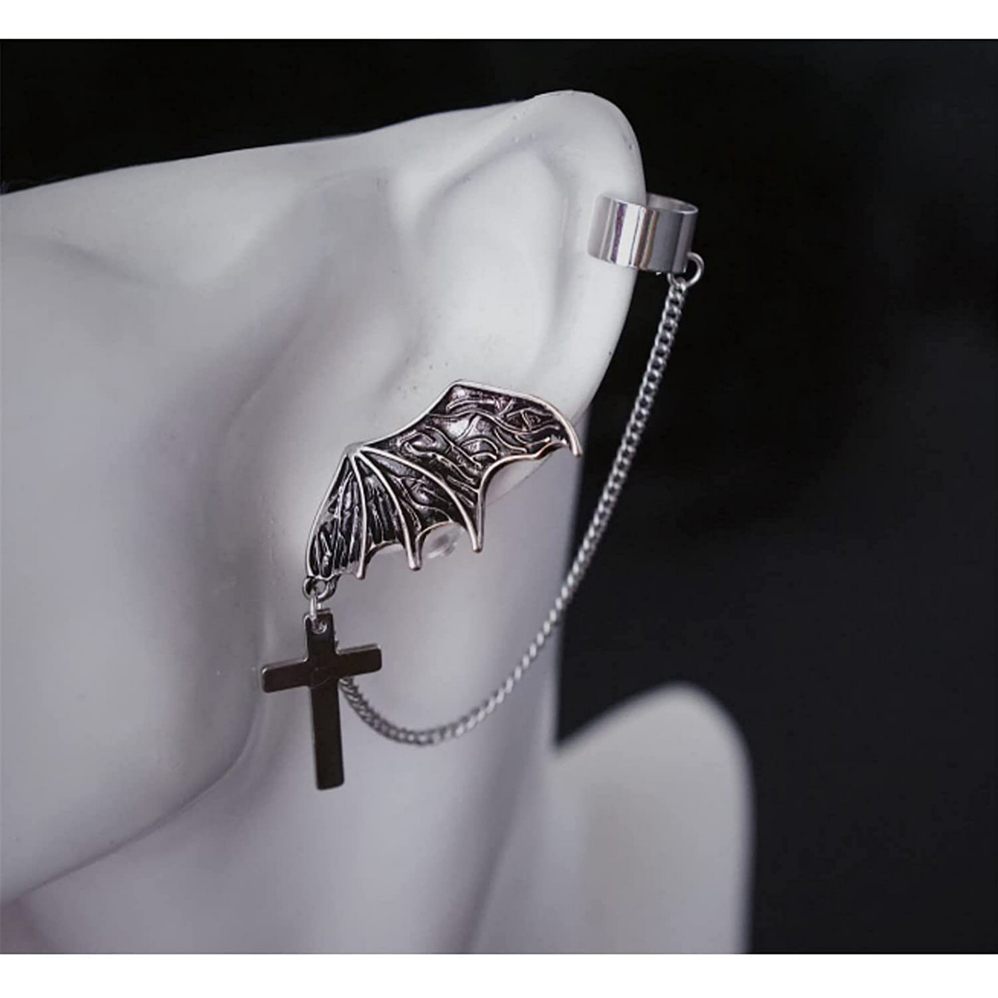 Retro Vintage Punk Earring Dragon Snake Bat Crow Wing Ear Climber Earrings Antique Silver Chain Cross Gothic Ear Cuff Clip Wrap for Women Men Unisex