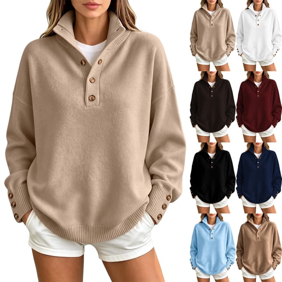 Zormilly Oversized Sweaters for Women Long Sleeve Mock Neck Soft Sweaters with Buttons Business Casual Tops, S-3XL