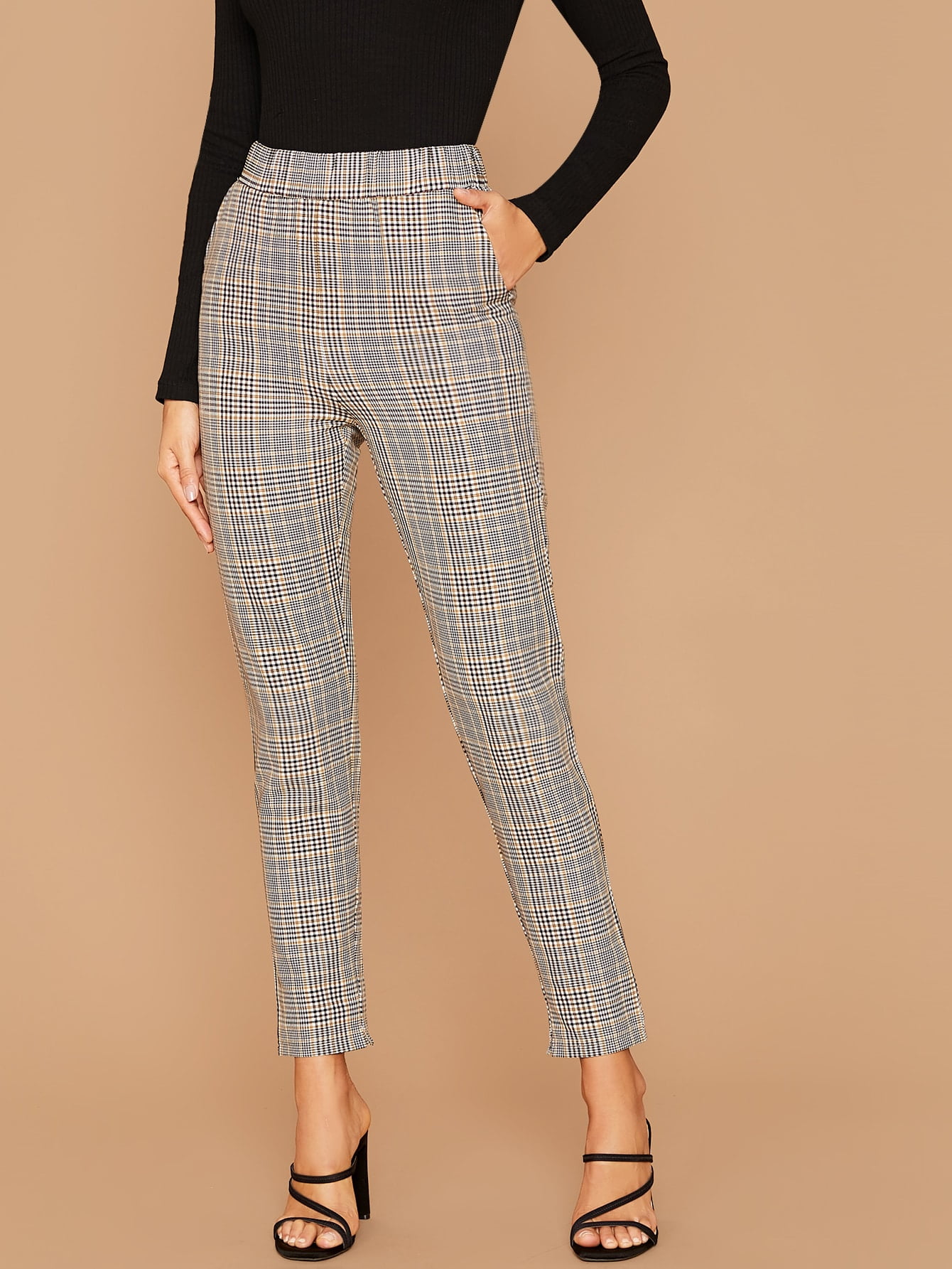 Women's Elastic Waist Plaid Pants S001X 