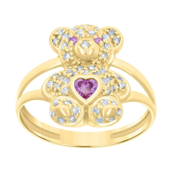 10kt Real Yellow Gold Womens Pink White Heart Round Cubic-Zirconia October Birthstone Teddy Bear Ring