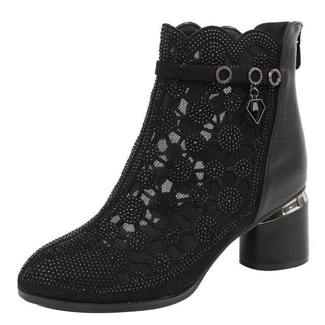 2022 nuevas sandalias de malla de moda de primavera y verano, botines de malla de tacón cuadrado de tacón medio para mujer, botas huecas para mujer 37 Gao Jinjia LED