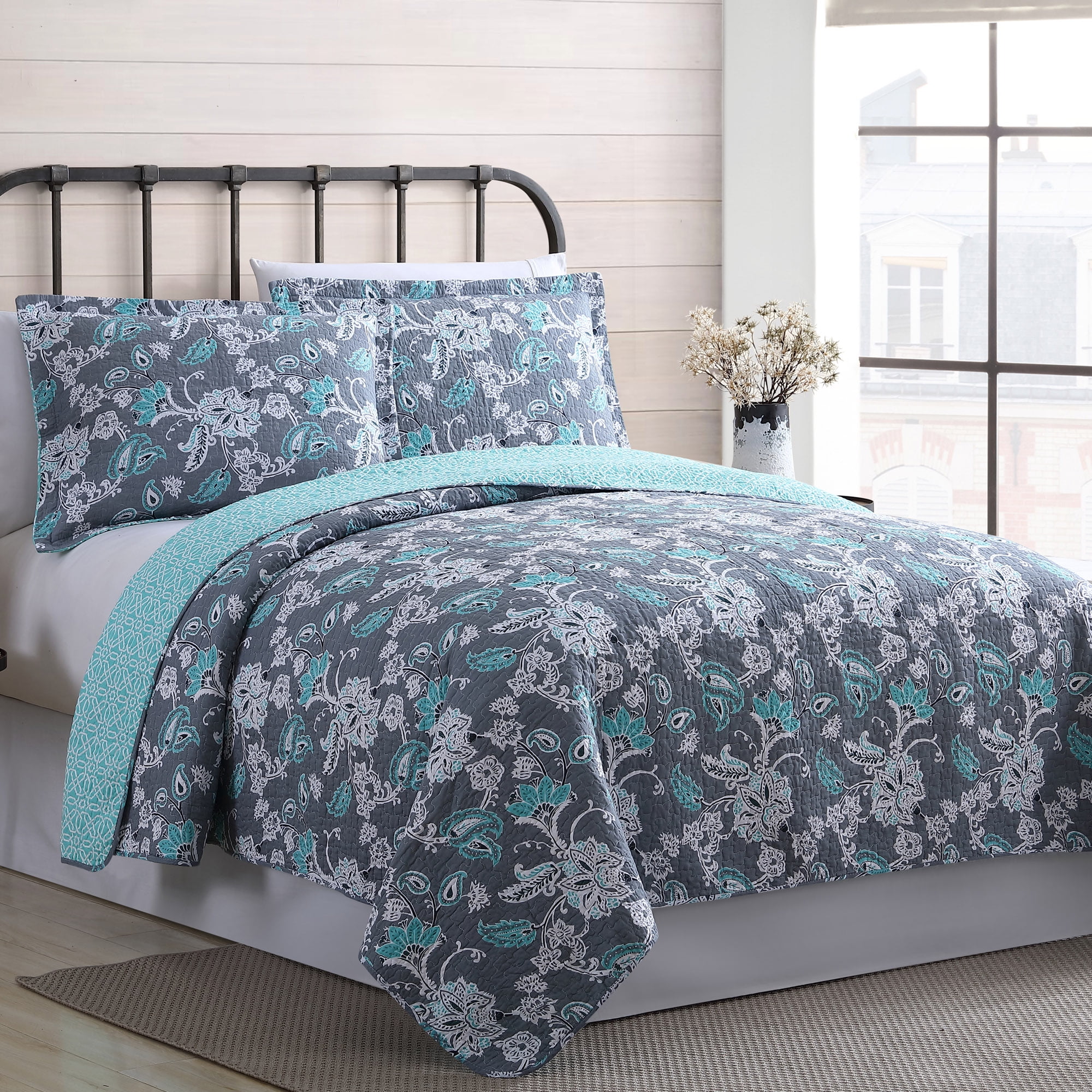 Modern Threads 100% Cotton 3 Piece Printed Reversible Quilt Set - Agnes King