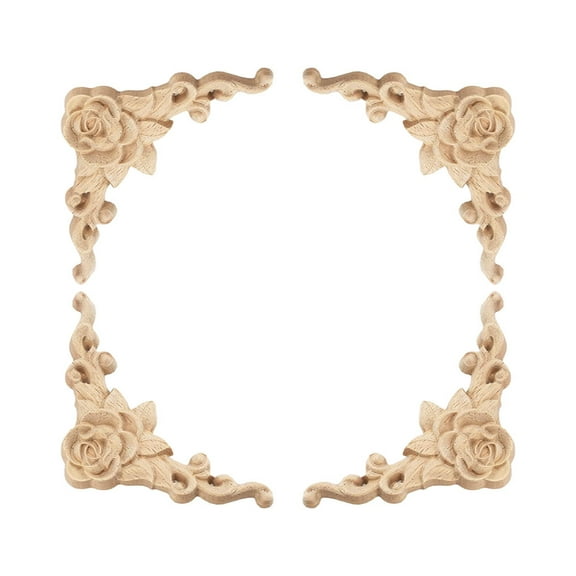 Beige Wood Carved Decorative Appliques for Home Decor 4pcs Furniture Accessories