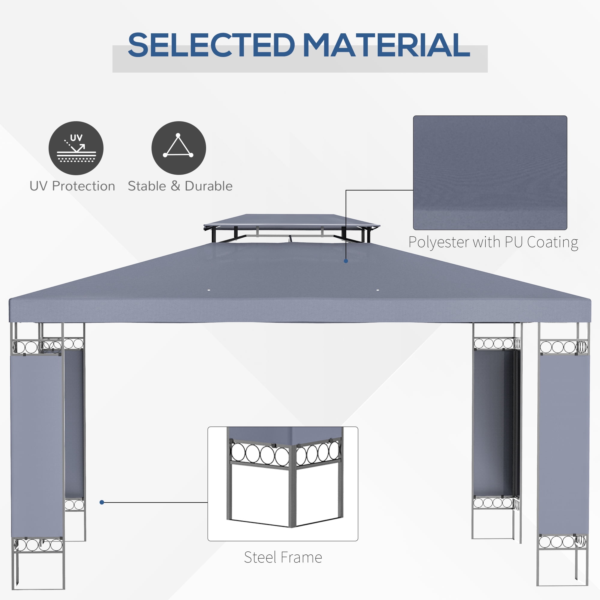 Outsunny 10' x 13' Patio Gazebo, Double Roof Outdoor Gazebo Canopy Shelter with Screen Decorate Corner Frame, for Garden, Lawn, Backyard and Deck, Gray