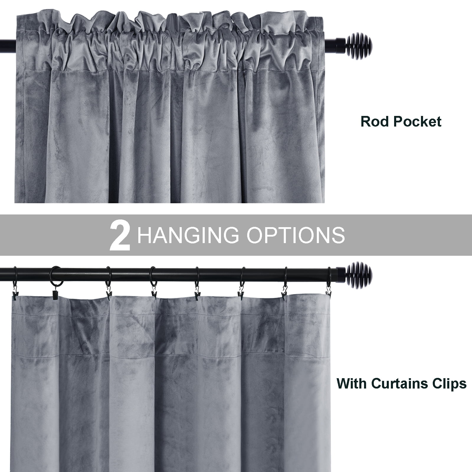 JIUZHEN Velvet Curtains Contemporary Grey Solid Print Rod Pocket Blackout Curtains, 60" x 96" (2 Panels)