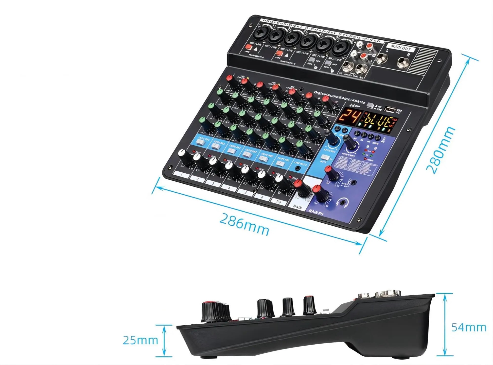 8 Channel DJ Sound Mixing Table 24 DSP Effect Mixer Bluetooth PC USB Play Recording