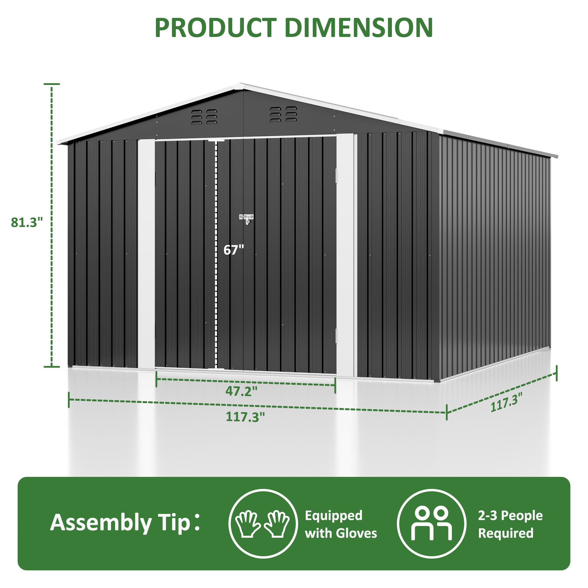 NETAJE 10'x10' Outdoor Metal Shed with Updated Frame, Lockable Doors & Sliding Roof for Backyard, Garden, Gray