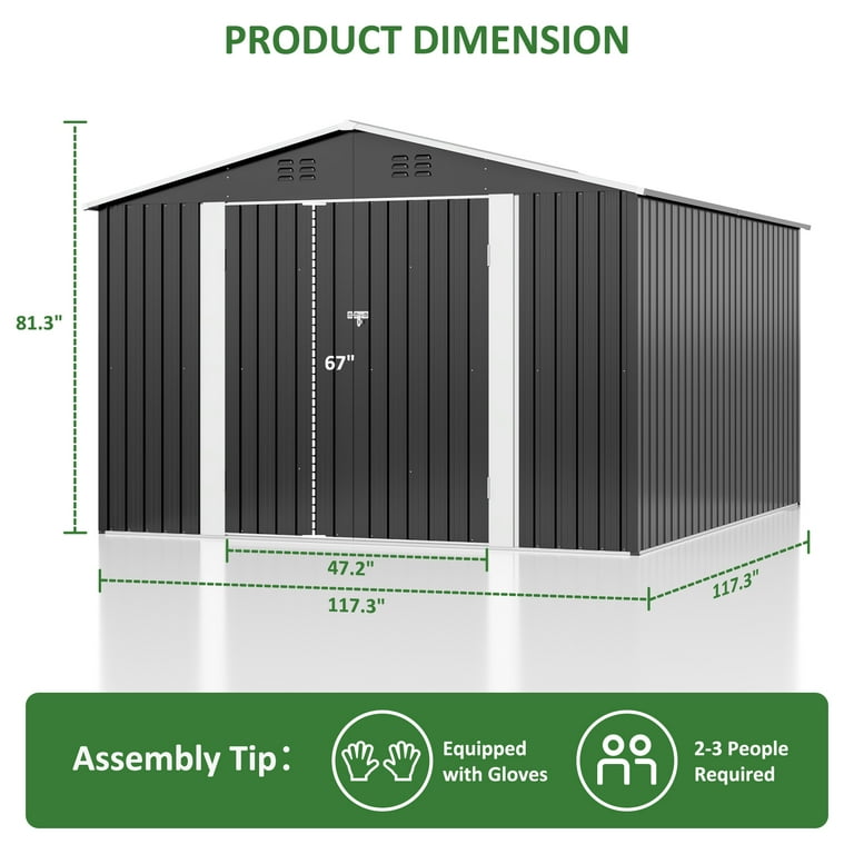 NETAJE 10'x10' Outdoor Metal Shed with Updated Frame, Lockable