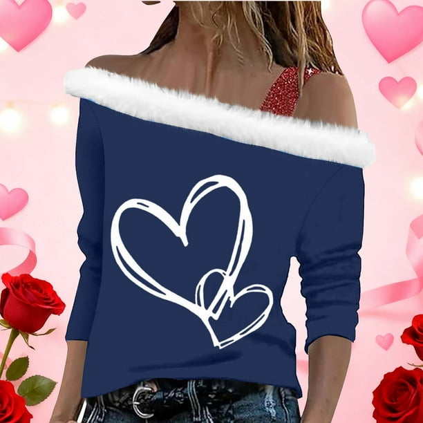 Xuyuer Valentine Shirt Women Love Heart Graphic Sloping Shoulder Suspender Shirt Funny Valentine's Day Gift Shirts Love Tops