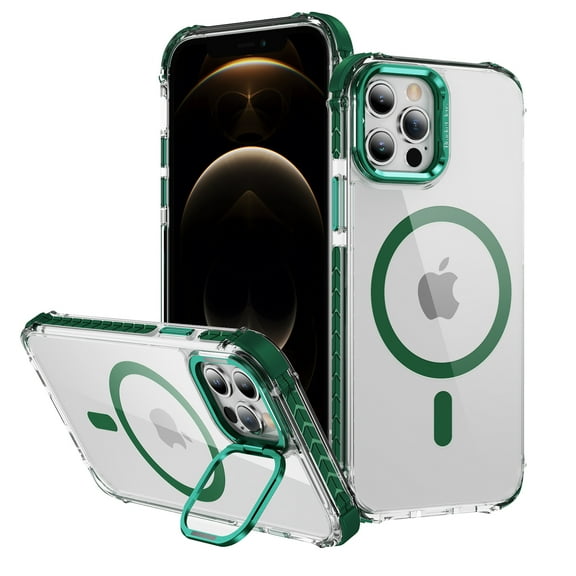 Allytechgroup Clear Magnetic Case for Apple iPhone 12 Pro/ 12, Camera Lens Kickstand Compatible with Magsafe Slim Fit Drop Protection Shockproof Back Case Cover for iPhone 12 Pro/ 12, Green