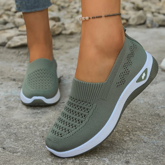 Commforr Walking Shoes Women, Orthopedic Shoes for Women, Womens Breathable Knit Slip on Walking Shoes Comfortable Summer Casual Orthopedic Lightweight Mesh Non Slip Flat Sneakers, Army Green, 6