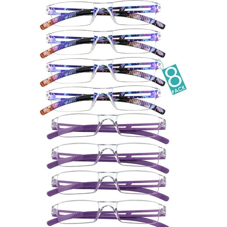 8 Pairs Reading Glasses, Blue Light Blocking Glasses, Computer Reading Glasses for Women and Men, Fashion Square Eyewear Frame (4bluefloral+4purple,+1.75 Magnification)