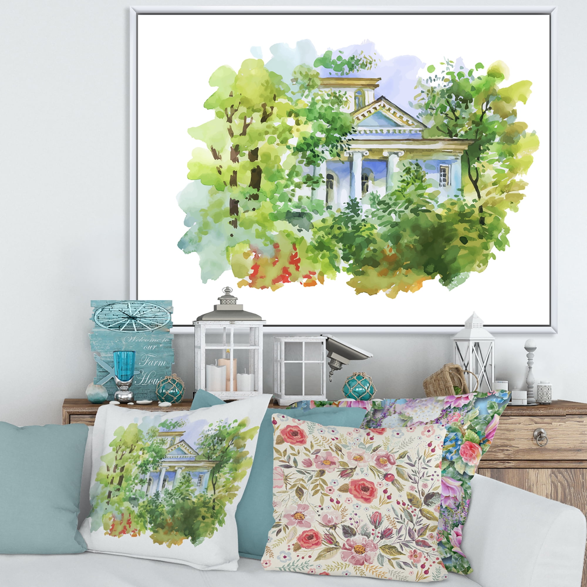 Designart 'White House In The Green Woods' Traditional Framed Canvas Wall Art Print