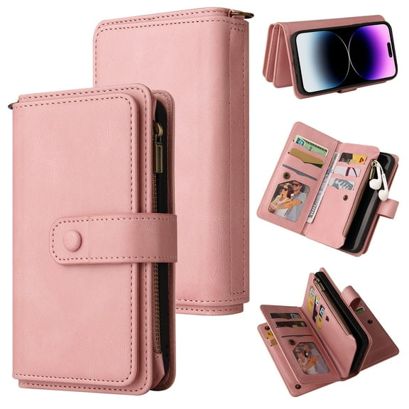 TECH CIRCLE Wallet Case For iPhone 12 Pro Max,PU Leather Zipper Handbag Purse Flip Cover Kickstand Folio Women Case with Card Slots Holder Wrist Strap for Apple iPhone 12 Pro Max 6.7" 2020,Pink