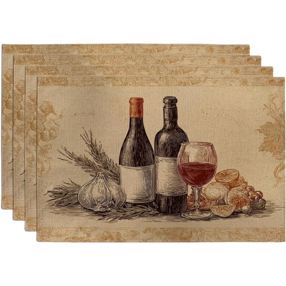 Rustic Wine Theme Placemats, Beige Country Kitchen Table Mats for Dining, Non-Slip Washable Indoor Outdoor Party Decorative Placemat Set of 4
