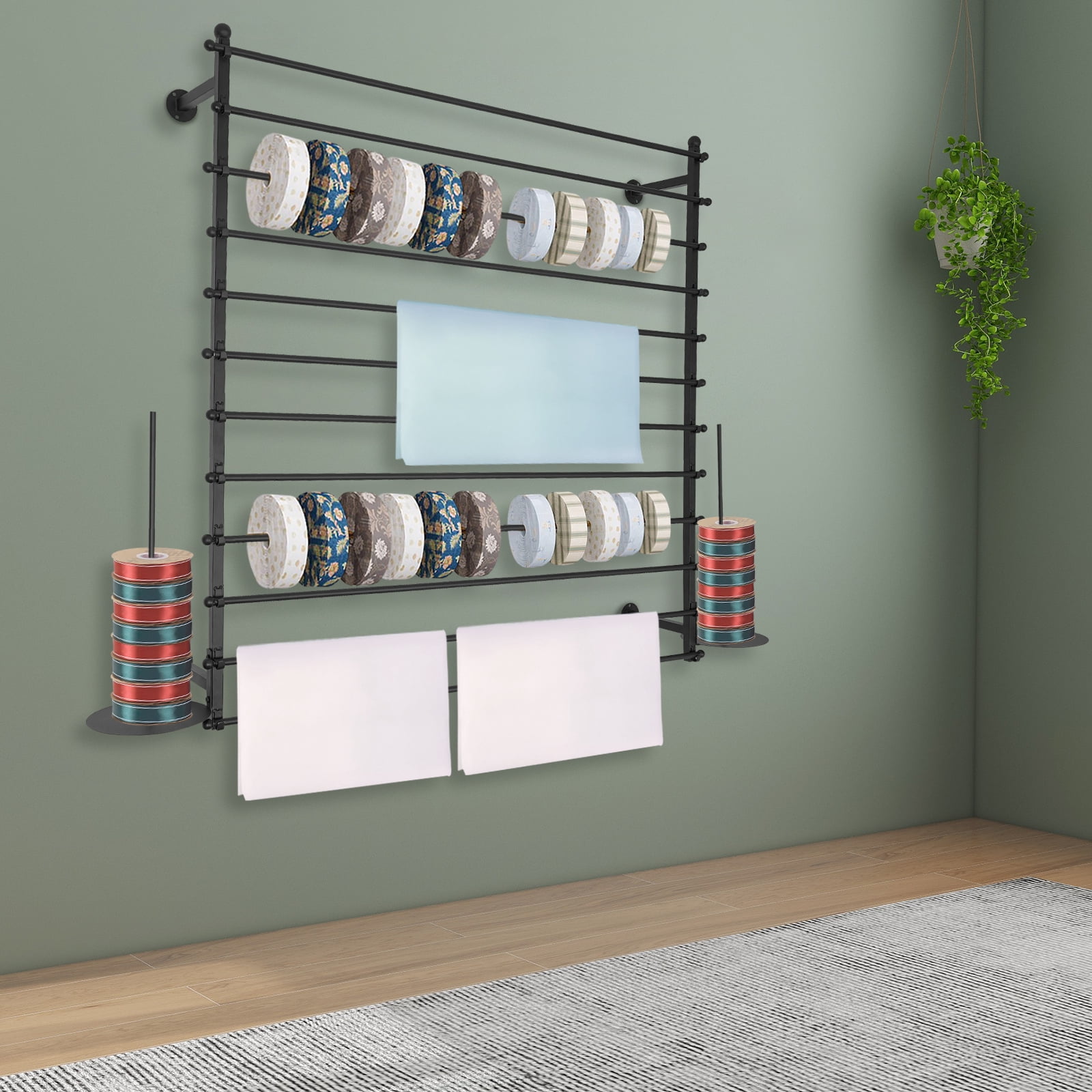 Wall-Mounted Display Rack for Flower Shop Sewing Tool Thread Scarf Tie Black, Wrapping Paper Ribbon Holder, Organizer