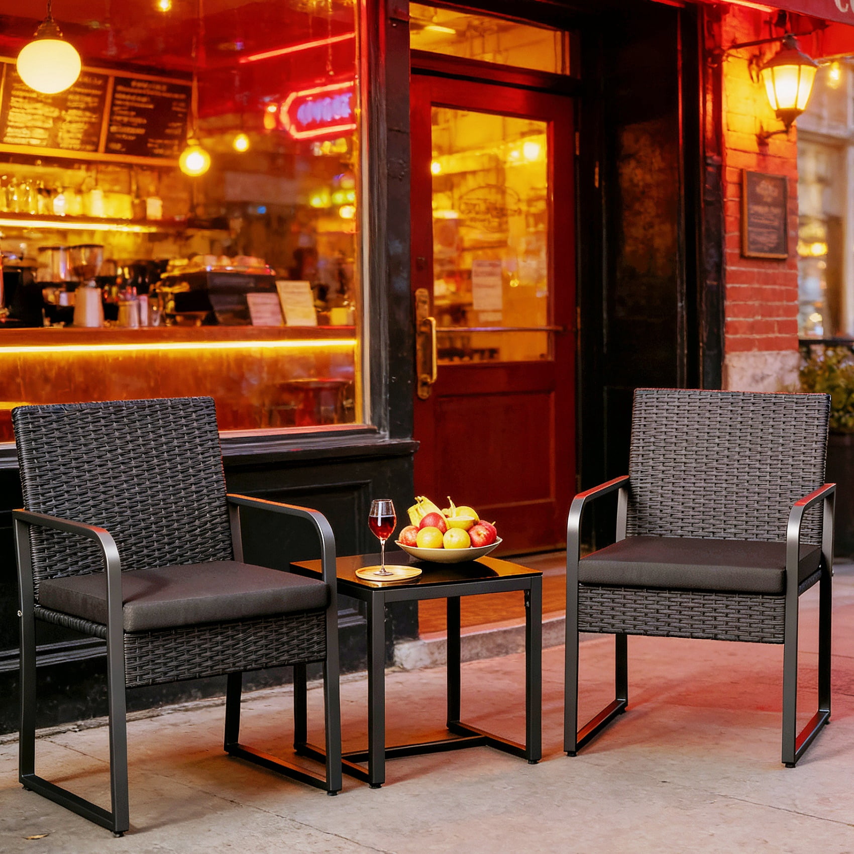 Lofka 3-Piece Patio Furniture Set, All-Weather Restaurant Outdoor Seating with Tempered Glass Table, Heavy Duty Wicker Bistro Set for Cafe, Bar